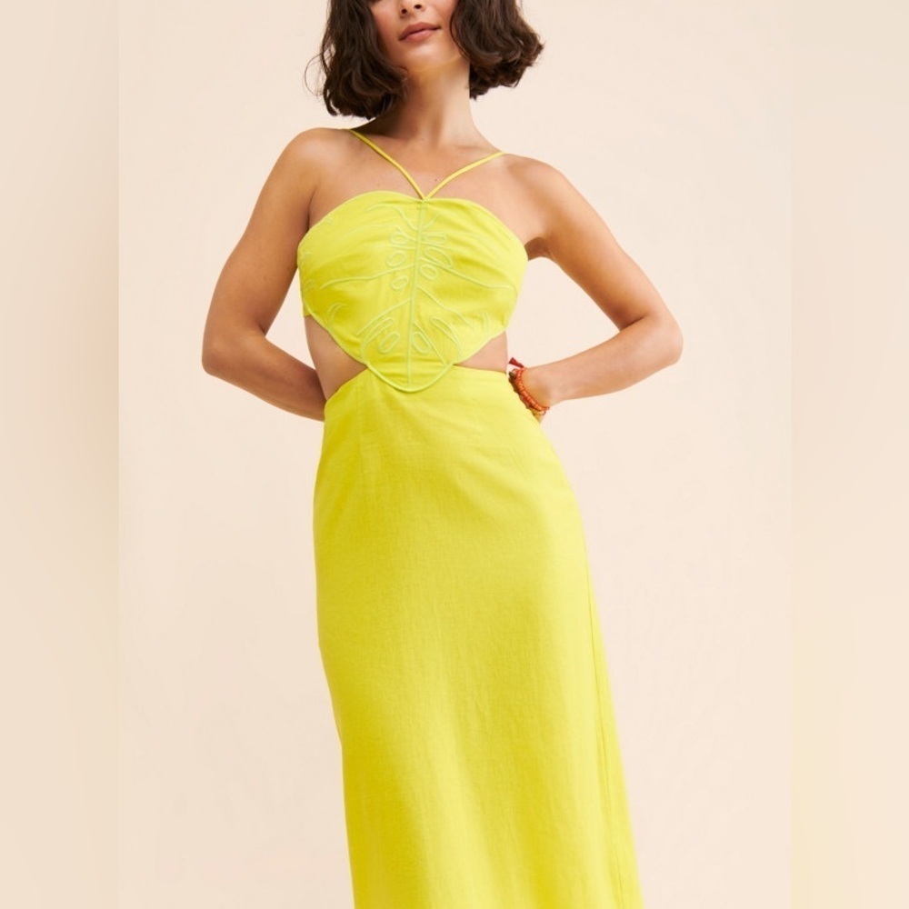 Farm Rio Monstera Open-Back Halter Linen Blend Midi Dress Size M